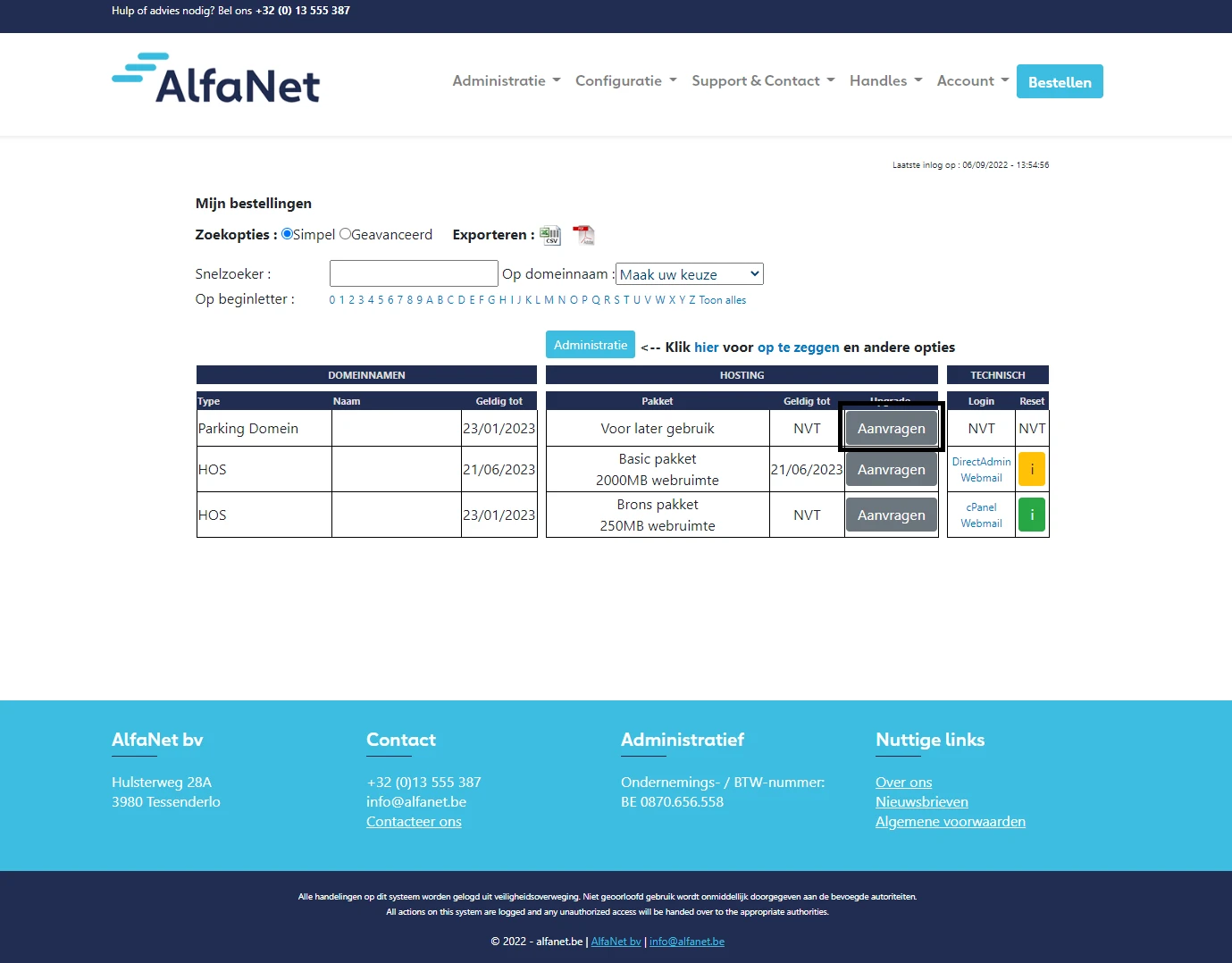 Upgrade aanvragen in Mijn AlfaHosting