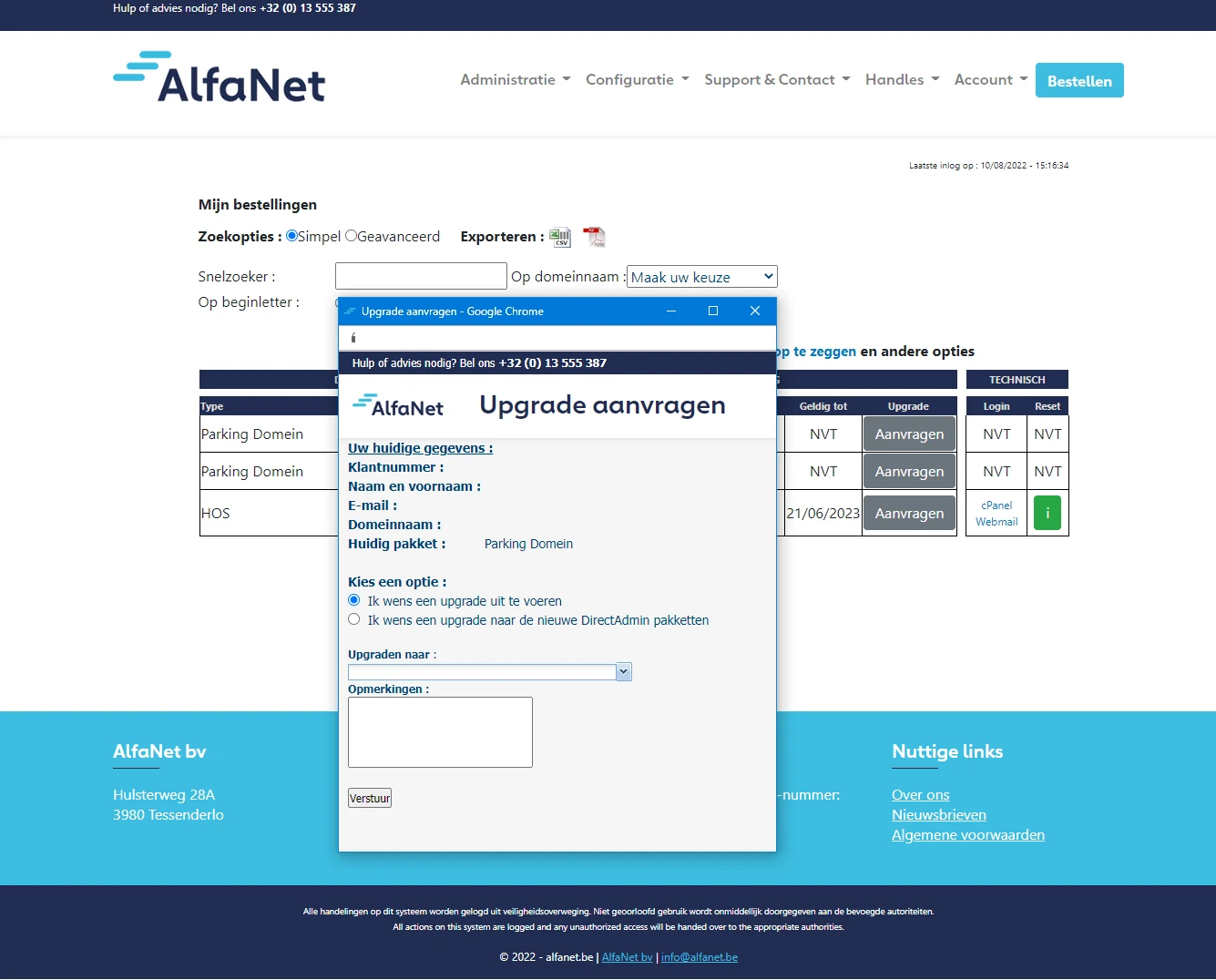 Upgrade configureren in Mijn AlfaHosting